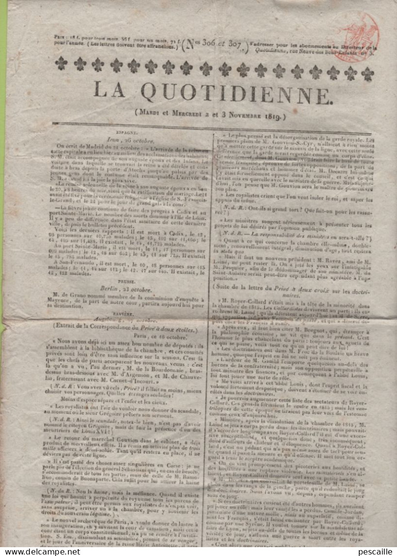 LA QUOTIDIENNE 02 11 1819 - ESPAGNE - AUGSBOURG ABBE GREGOIRE / ROYER-COLLARD - HANOVRE - BAVIERE SUISSE - RANGECOURT - 1800 - 1849