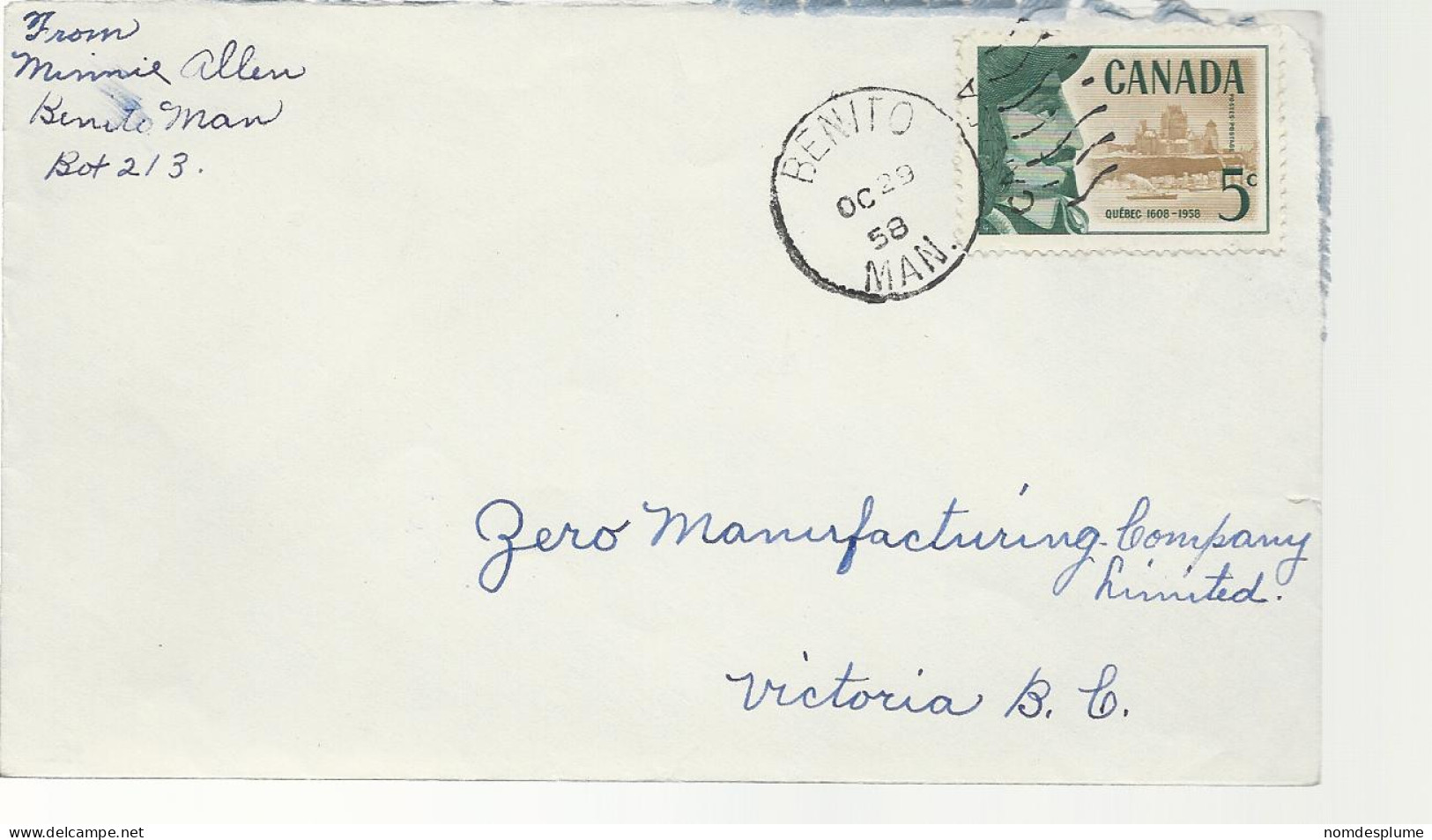 24467) Canada Benito Postmark Cancel 1958  - Lettres & Documents