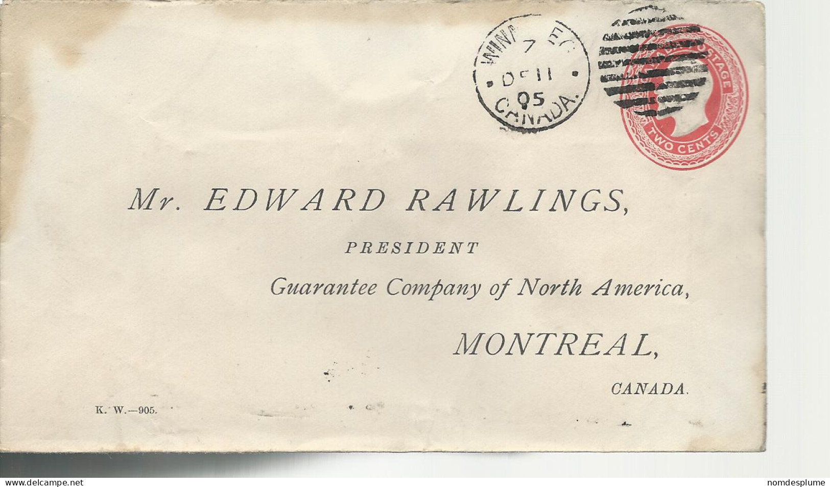 24468) Canada Winnipeg Postmark Cancel 1905 Duplex Late Use DMB 396 - Covers & Documents