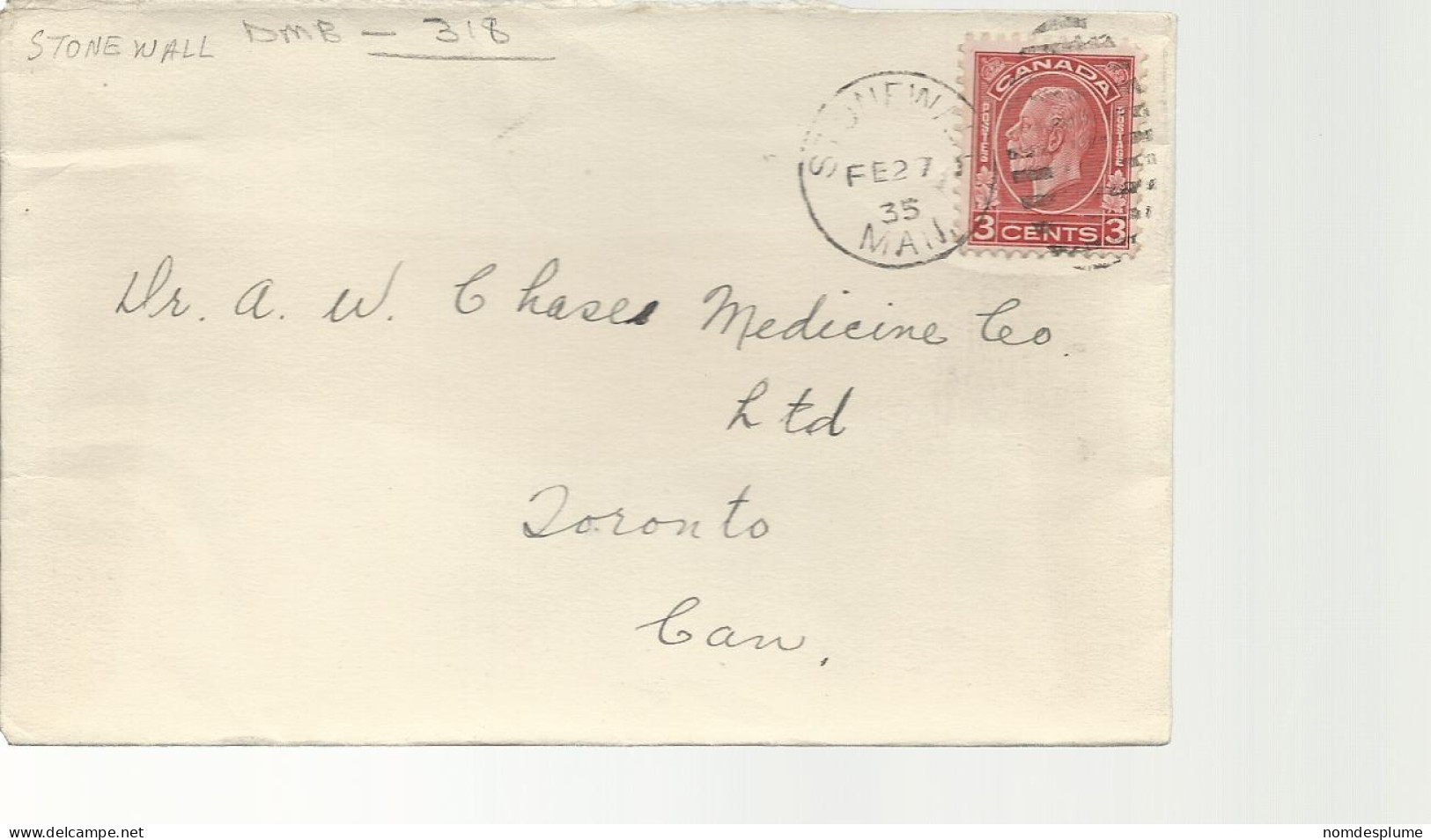 24474) Canada Stonewall Postmark Cancel 1935 Duplex  DMB 318 - Brieven En Documenten