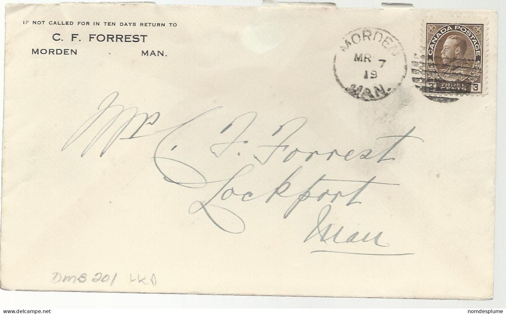 24482) Canada Morden Postmark Cancel Duplex 1919 DMB 201  - Lettres & Documents