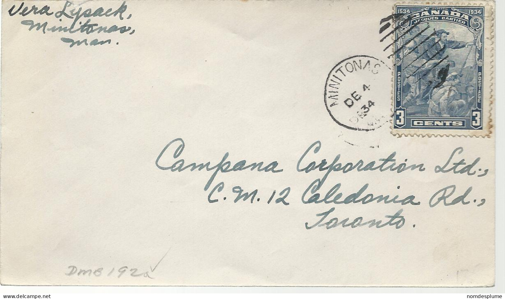 24486) Canada Minitonas Postmark Cancel Duplex 1934 DMB 192a - Cartas & Documentos