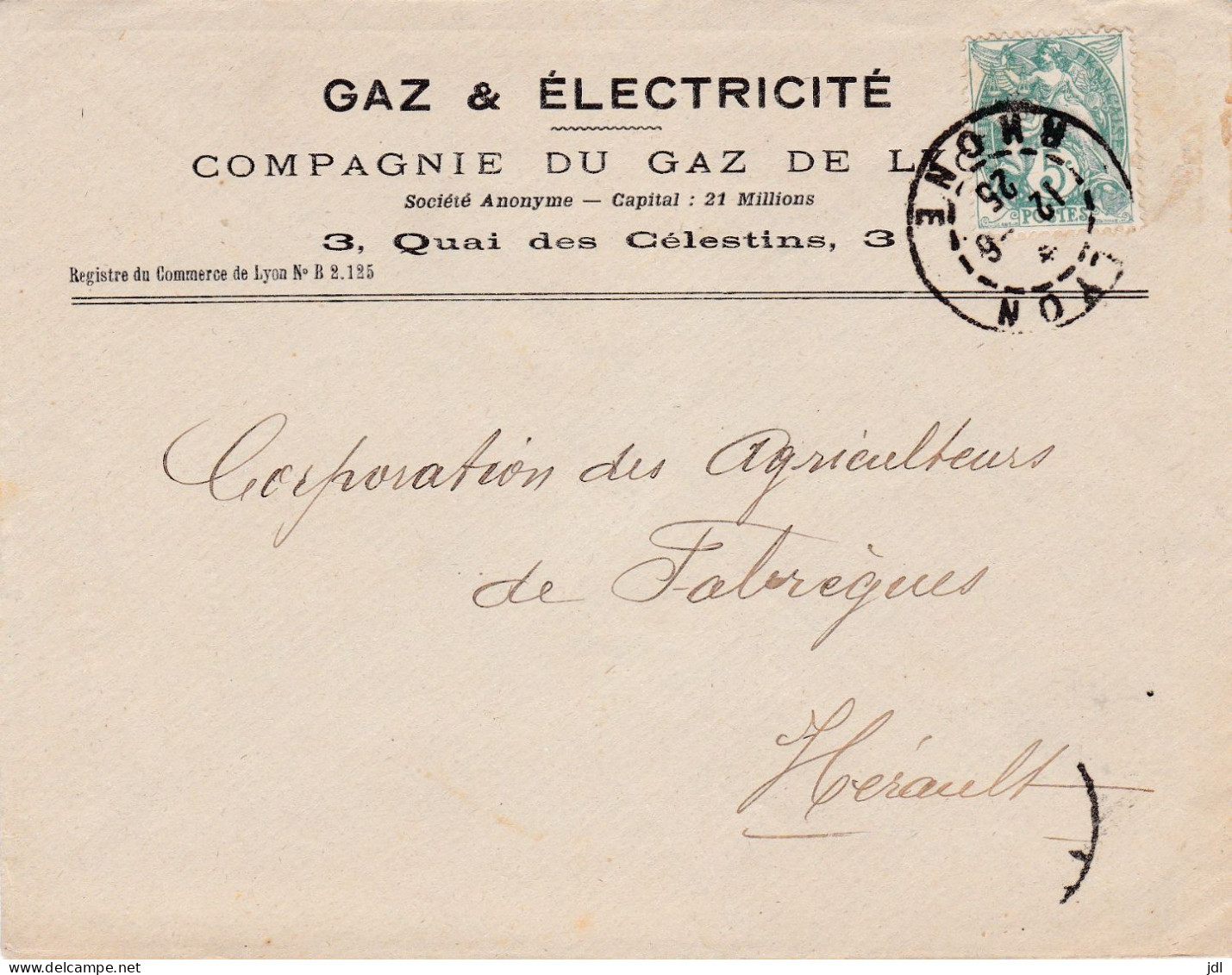 N° 111 Sur Enveloppe Publiciaire GAZ Et ELECTRICITE Compagnie Du Gaz De Lyon - 1900-29 Blanc