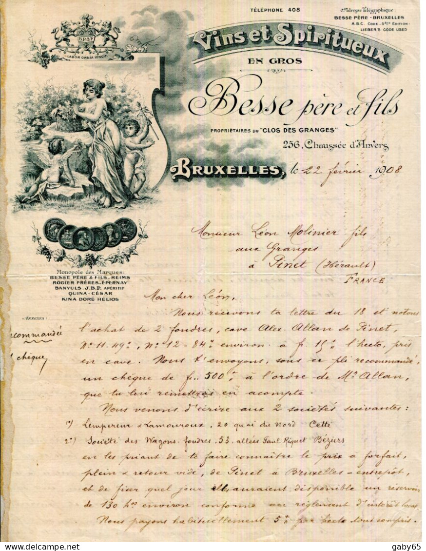 FACTURE.BELGIQUE.BRUXELLES.VINS & SPIRITUEUX.BESSE PERE & FILS PROPRIETAIRES DU CLOS DES GRANGES. - Levensmiddelen