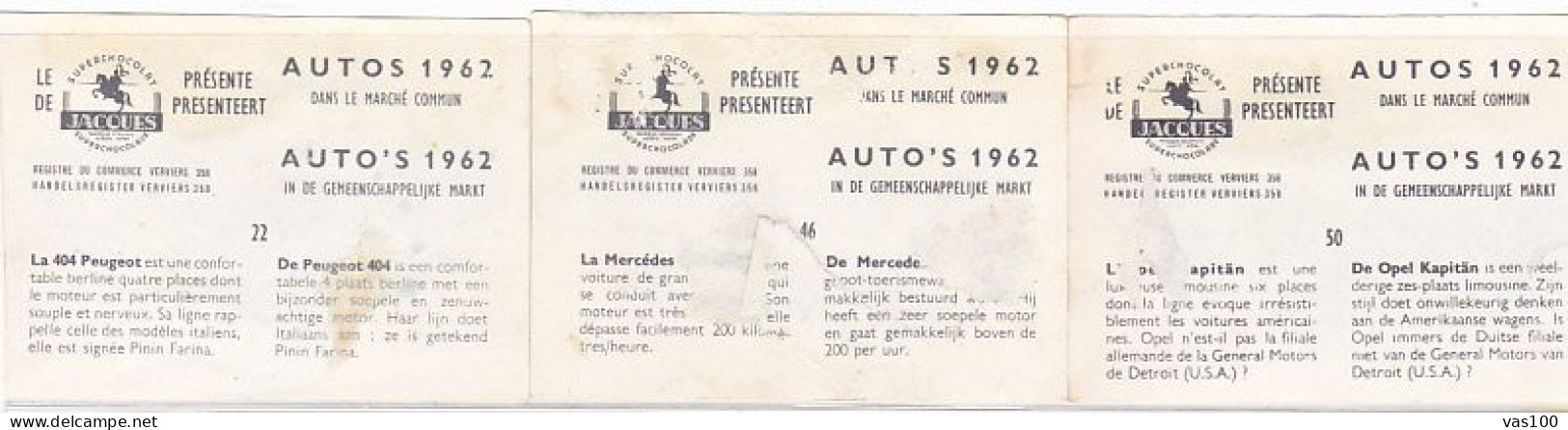 TRADE CARDS, CHOCOLATE, JACQUES, CARS OF 1962, 3X - Jacques