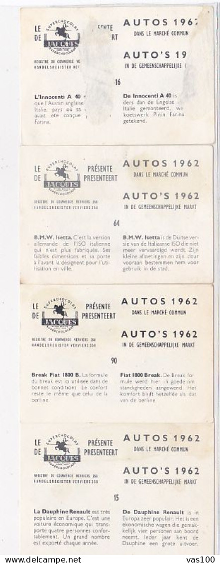 TRADE CARDS, CHOCOLATE, JACQUES, CARS OF 1962, 4X - Jacques