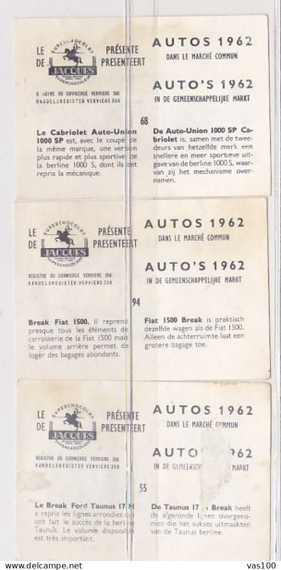 TRADE CARDS, CHOCOLATE, JACQUES, CARS OF 1962, 3X - Jacques