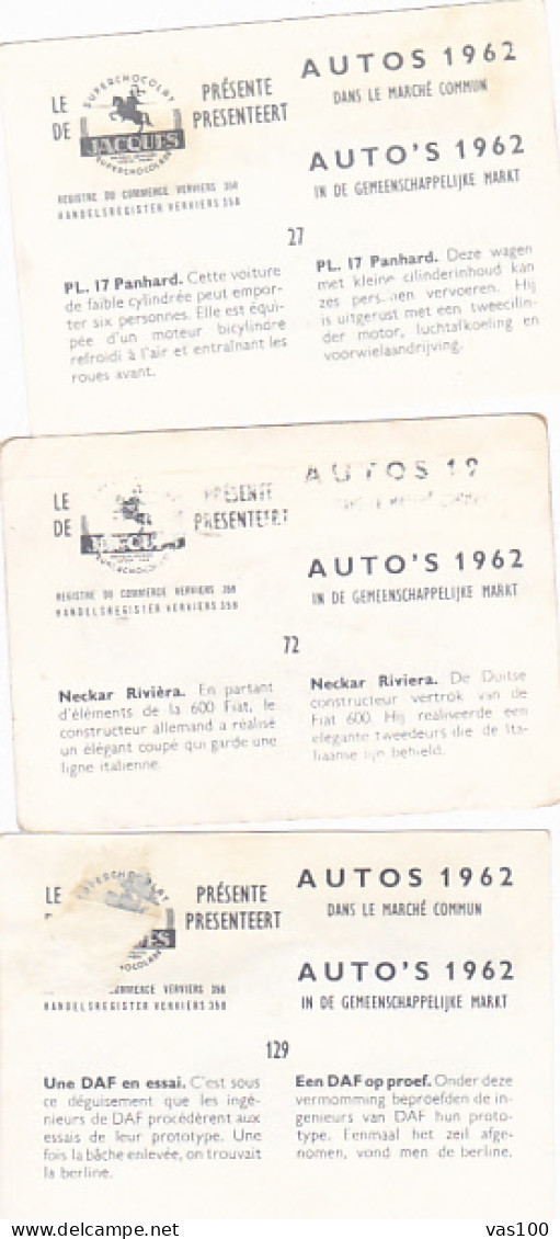 TRADE CARDS, CHOCOLATE, JACQUES, CARS OF 1962, 3X - Jacques