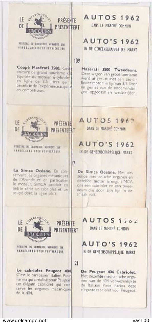 TRADE CARDS, CHOCOLATE, JACQUES, CARS OF 1962, 3X - Jacques