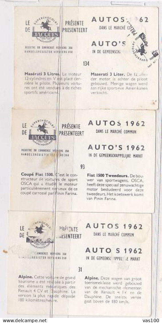 TRADE CARDS, CHOCOLATE, JACQUES, CARS OF 1962, 3X - Jacques