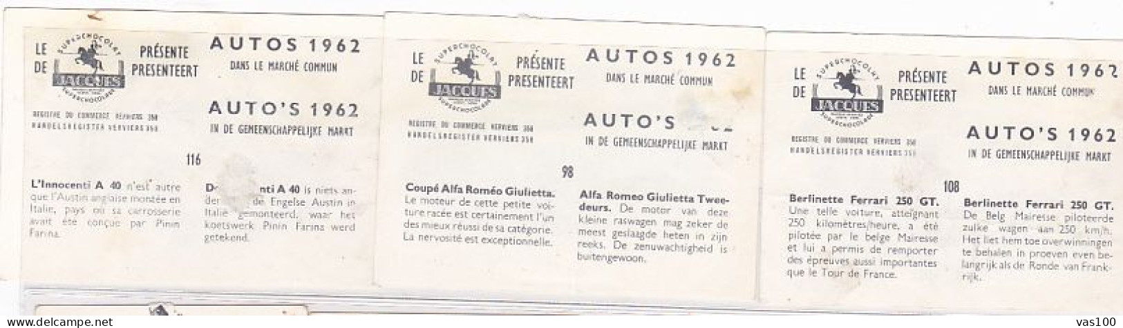 TRADE CARDS, CHOCOLATE, JACQUES, CARS OF 1962, 3X - Jacques