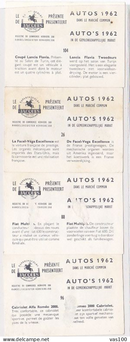 TRADE CARDS, CHOCOLATE, JACQUES, CARS OF 1962, 4X - Jacques