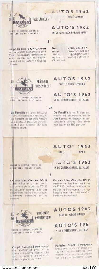 TRADE CARDS, CHOCOLATE, JACQUES, CARS OF 1962, 4X - Jacques