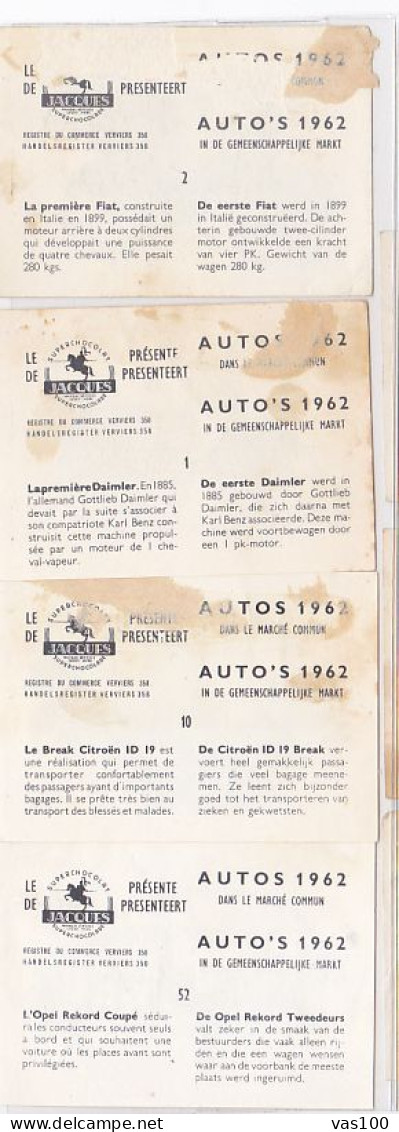 TRADE CARDS, CHOCOLATE, JACQUES, CARS OF 1962, 4X - Jacques