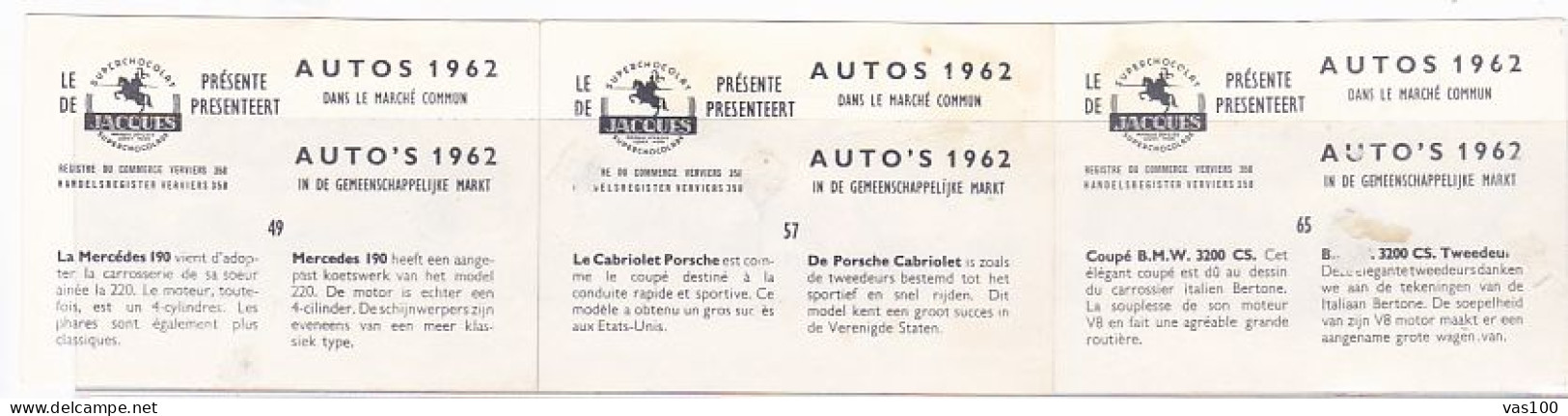 TRADE CARDS, CHOCOLATE, JACQUES, CARS OF 1962, 3X - Jacques