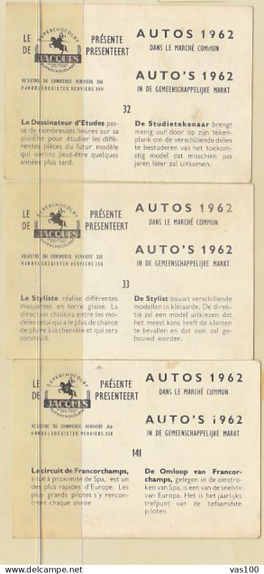 TRADE CARDS, CHOCOLATE, JACQUES, CARS OF 1962 PRODUCTION, 3X - Jacques