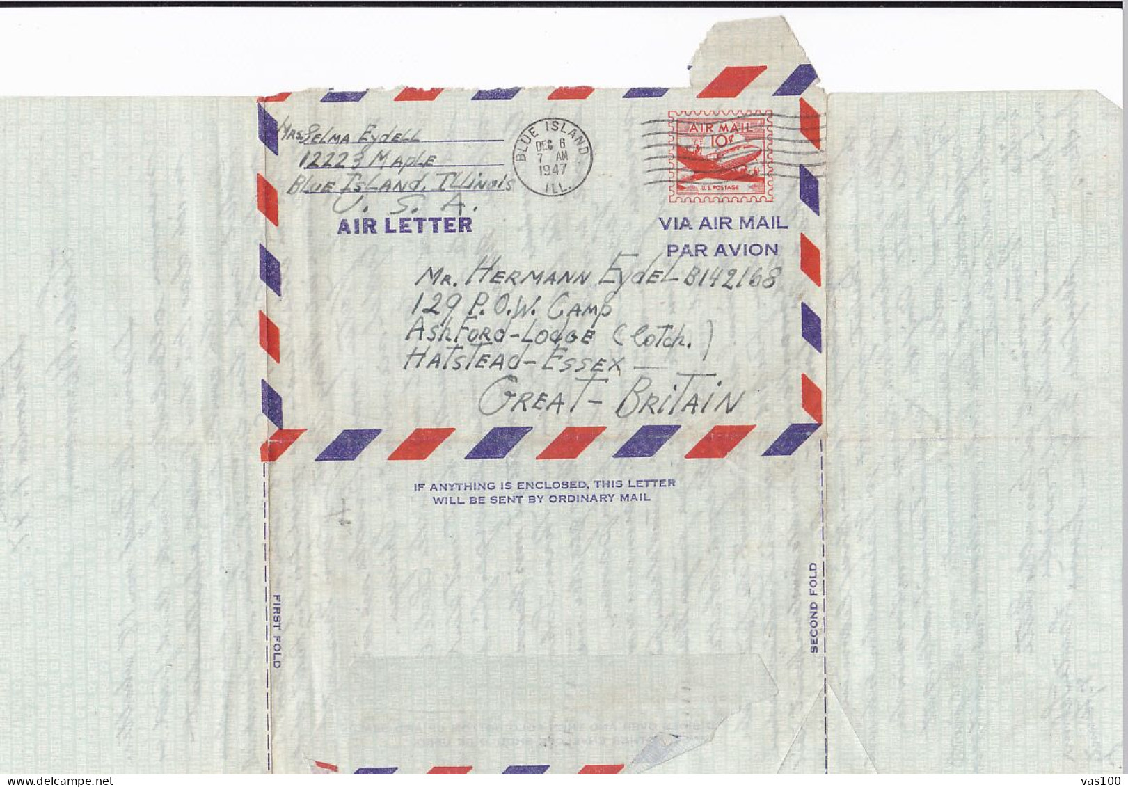 AIRMAIL, PLANE, AIR LETTER, 1947, USA - 2a. 1941-1960 Used