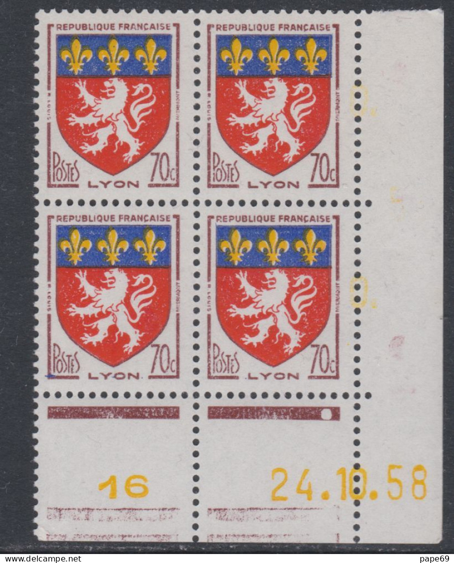 France N° 1181 XX Armoiries : Lyon En Bloc De 4 Coin Daté Du 24 . 10 . 58 ; 1 Point Blanc, Sans Charnière, TB - 1950-1959