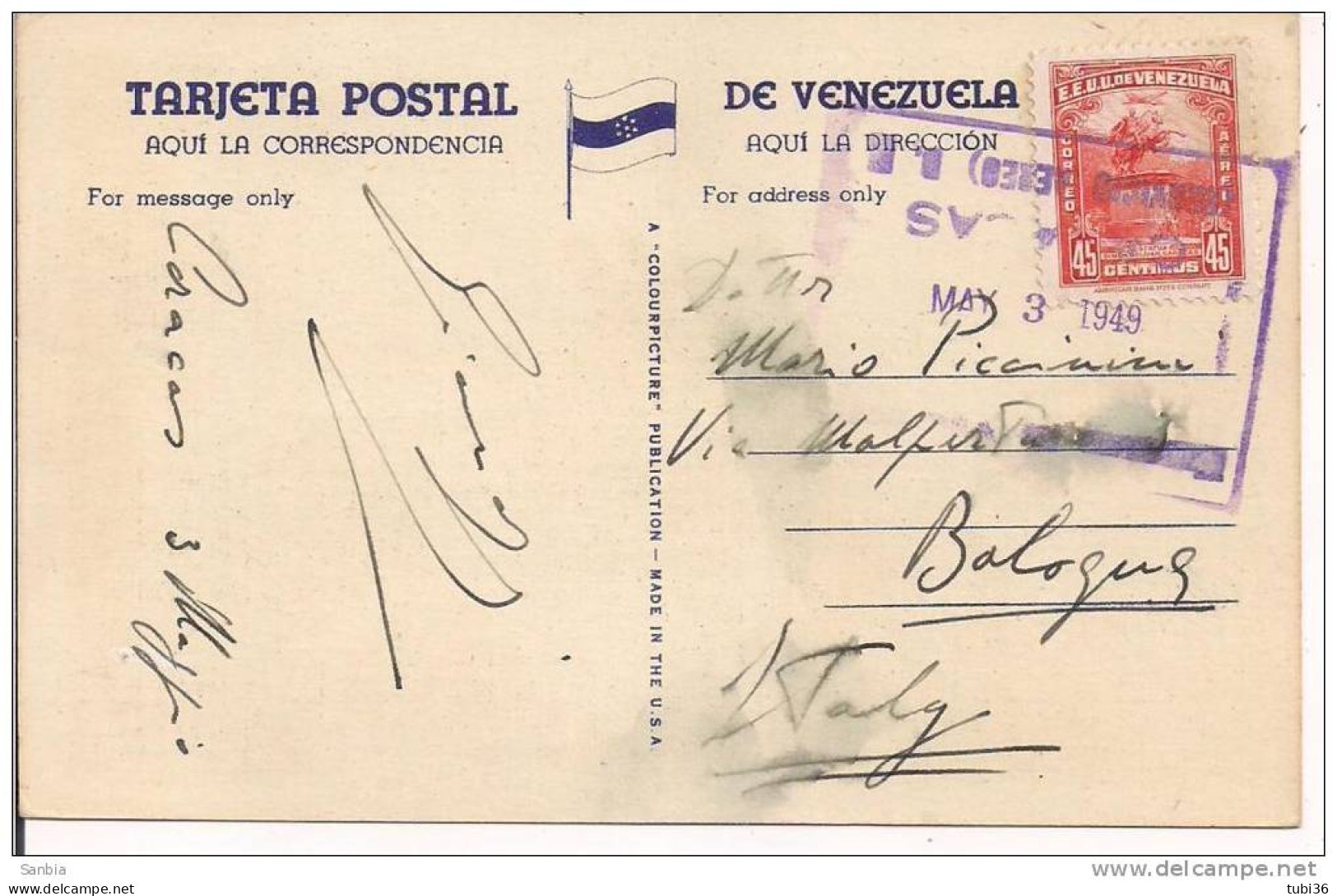 CARACAS , PARQUE  COUNTRY  CLUB,  COLORI  VIAGGIATA  1949,  PER  BOLOGNA ITALIA, FORMATO PICCOLO  9 X 14, - Venezuela