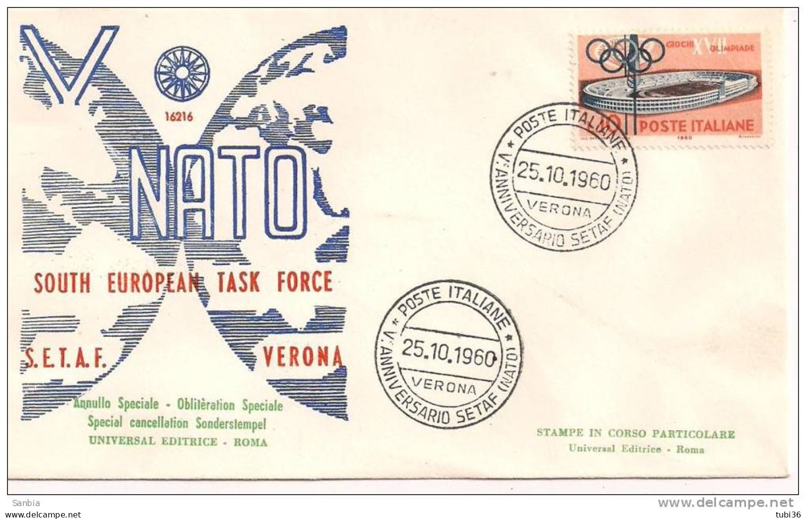 V` ANNIVERSARIO  SETAF, NATO,  VERONA 1960,  ANNULLO SPECIALE SU BUSTA DEDICATA, - NATO