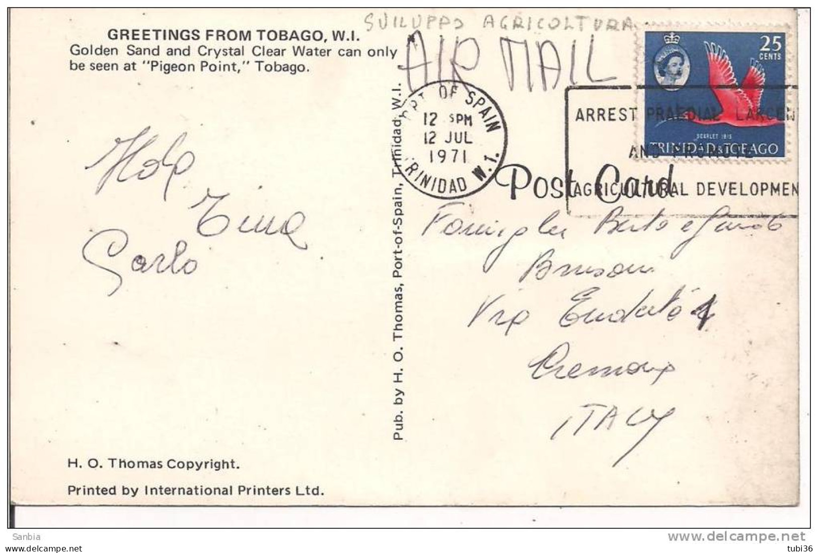 GREETINGS FROM TOBAGO,postcard, Color, Used 1971 For Italy, Port Of Spain Placed Stamp Plate, Small Size 9 X 14, - Trinidad & Tobago (1962-...)
