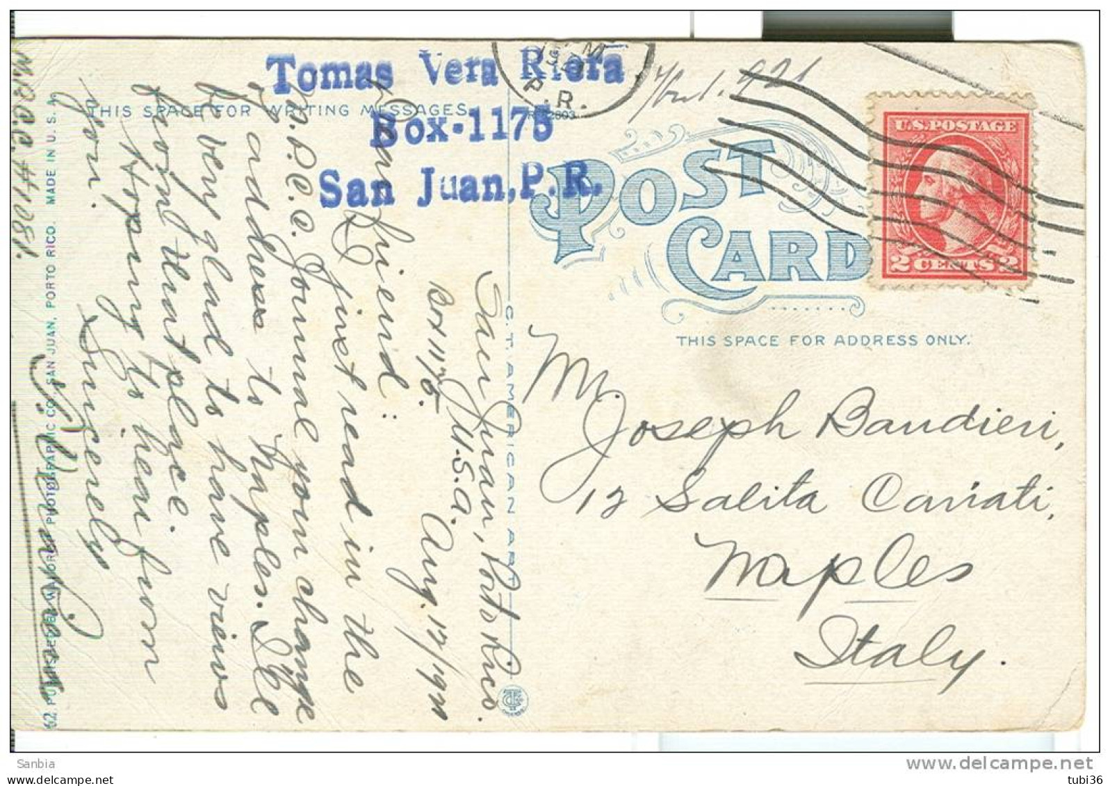PORTO RICO-SAN JUAN- CARD ILLUSTRATED, COLOR, USED, 1921, SMALL SIZE 9 X 14 - Puerto Rico