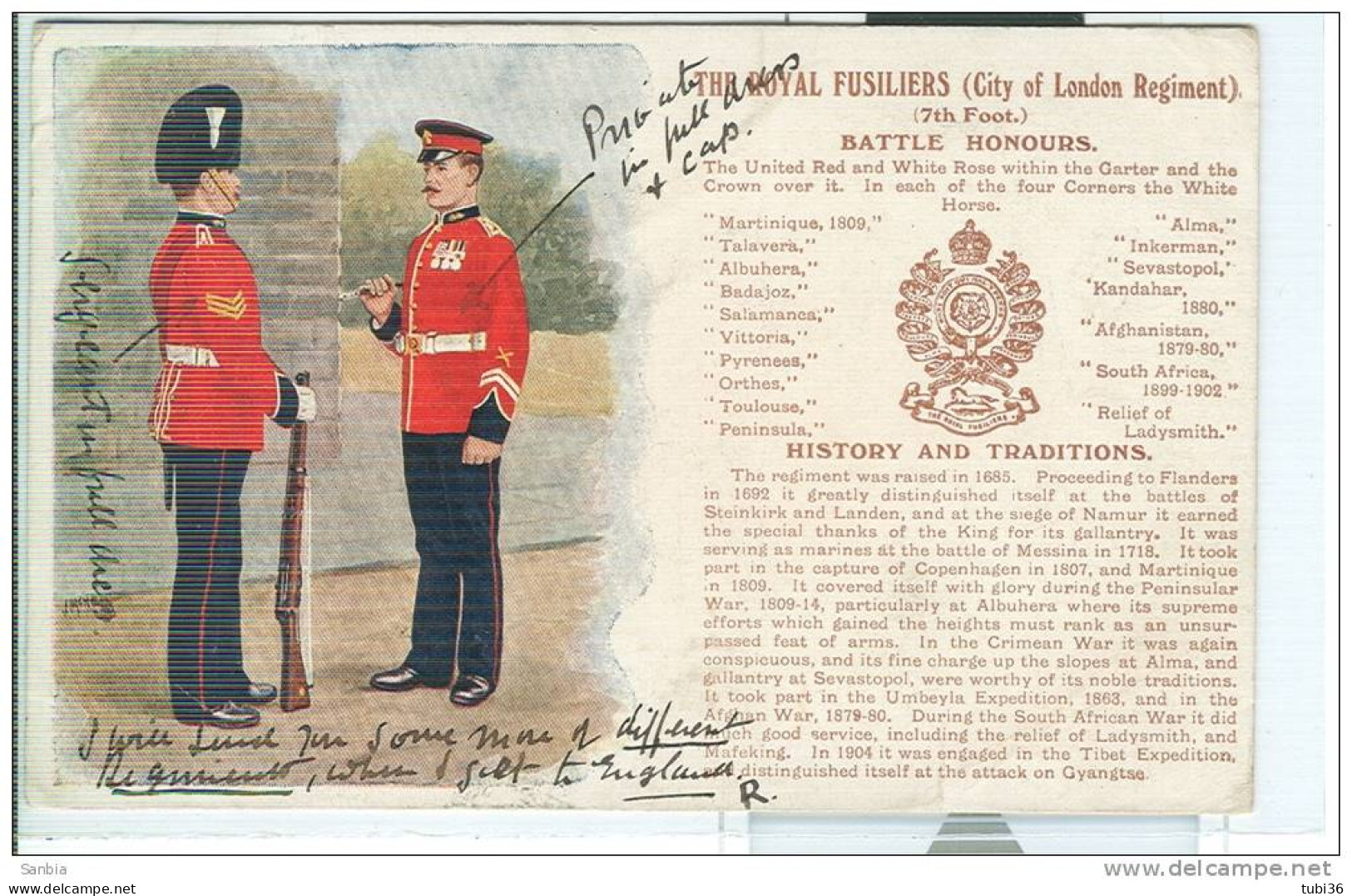 THE ROYAL  FUSILIERS , CITY OF LONDON  REGIMENT -CARD ILLUSTRATED, COLOR, USED 1912, DESTINATION ITALY, SMALL SIZE 9 X 1 - London Suburbs