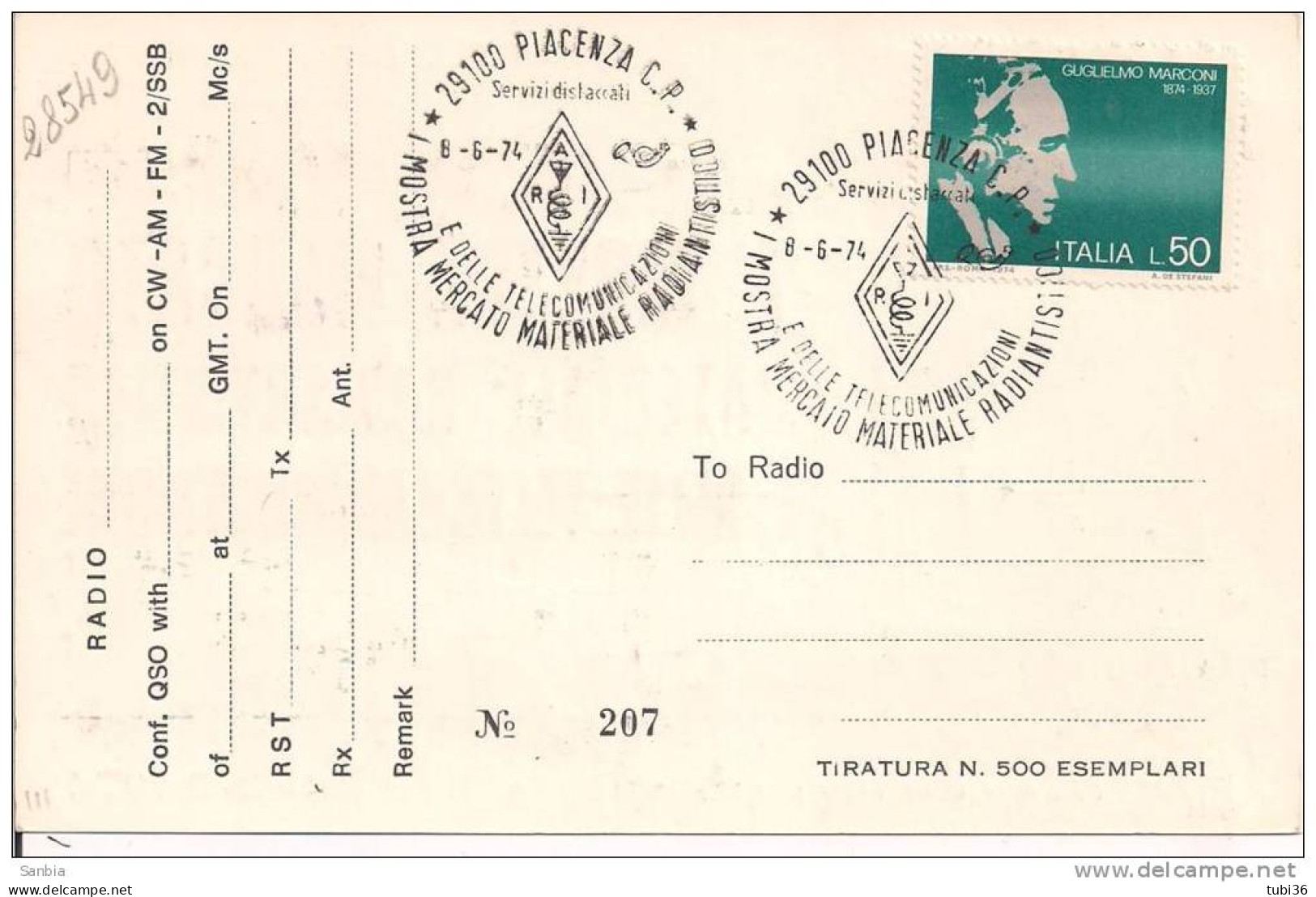 MOSTRA MERCATO  MATERIALE  RADIO  E TELECOMUNICAZIONNI 1974 PIACENZA - ANNULLO SPECIALE FIGURATO  SU CARTOLINA DEDICATA - Informática