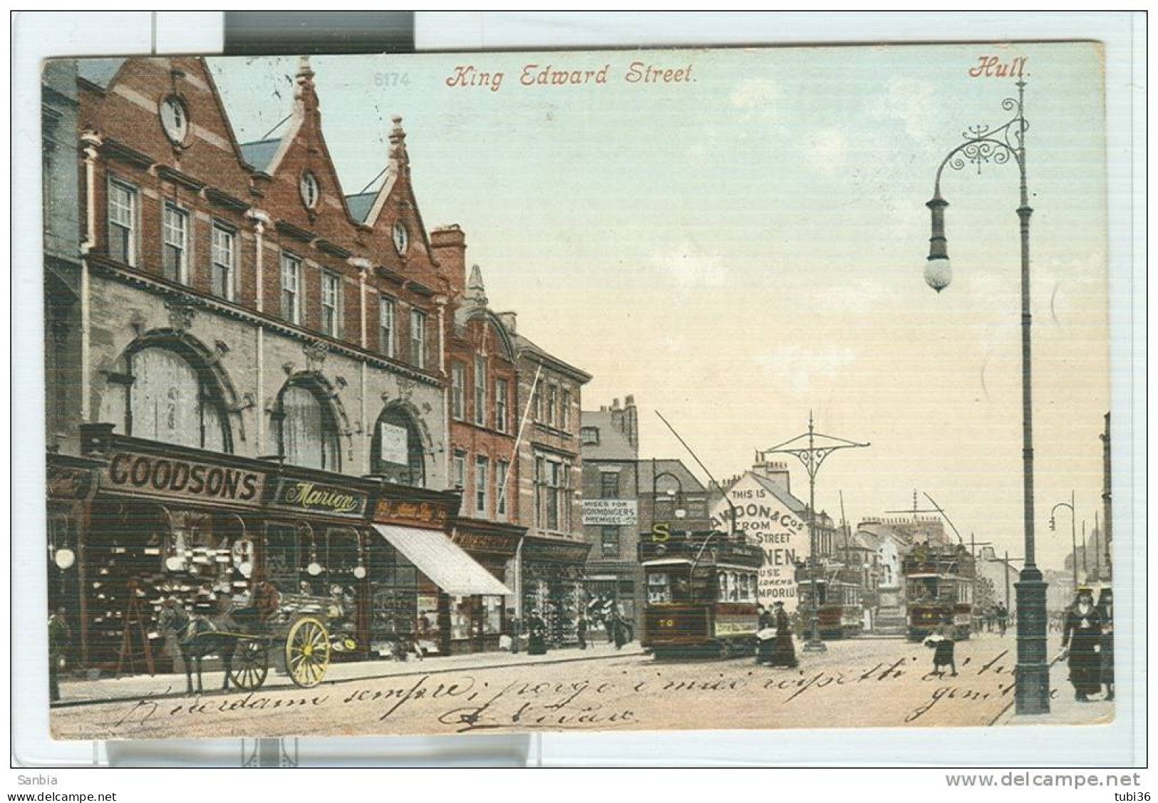 HULL , King Edward Street . - POSTCARD, COLORS, ANIMATED, USED, 1905 DESTINATION ITALY, SMALL SIZE 9 X 14, - Hull
