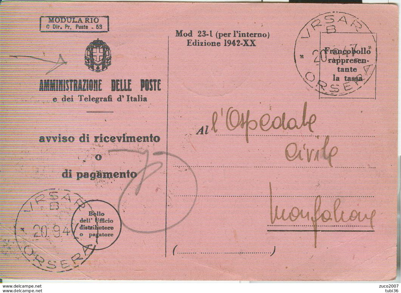 VRSAR ORSERA ISTRIA -POSTE REGNO D'ITALIA,, A/R,OSPEDALE MONFALCONE PER ORSERA (CROAZIA),1947, RR, NOTA STORICA - Occup. Iugoslava: Istria