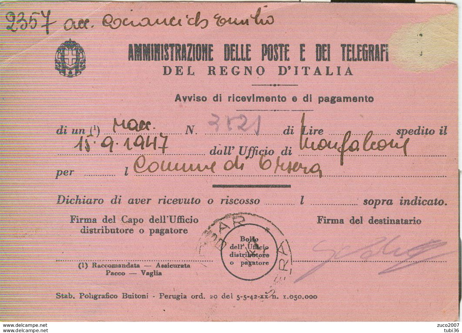 VRSAR ORSERA ISTRIA -POSTE REGNO D'ITALIA,, A/R,OSPEDALE MONFALCONE PER ORSERA (CROAZIA),1947, RR, NOTA STORICA - Jugoslawische Bes.: Istrien