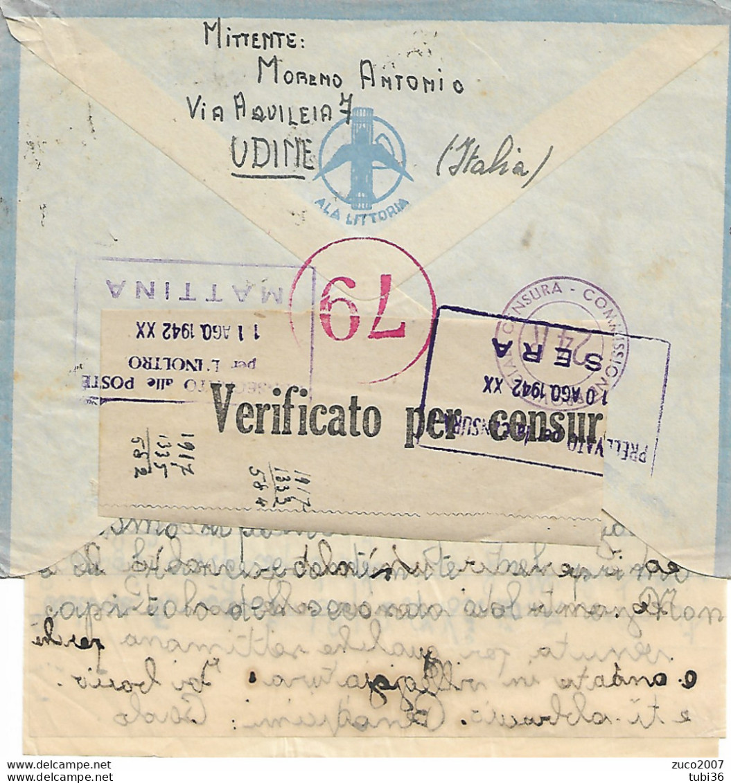 IMPERIALE Cent:50+50, VIA AEREA, VIA ALA VITTORIA,  POSTE UDINE,1942, P.M. 34 CIRENAICA, VERIFICATO PER CENSURA N.79- - Cirenaica