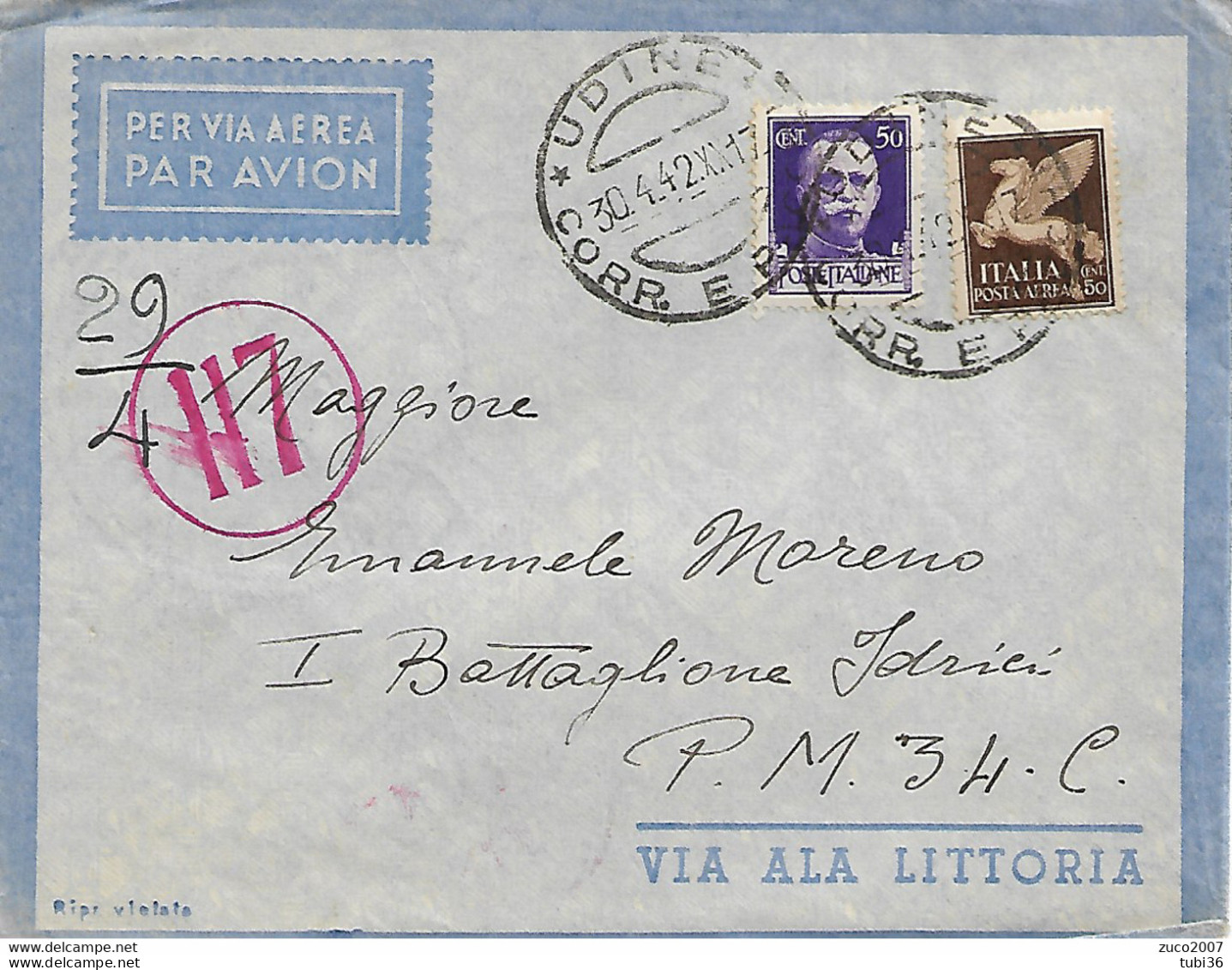 IMPERIALE Cent:50+50, VIA AEREA, VIA ALA VITTORIA,  POSTE UDINE,1942, P.M. 34 CIRENAICA, VERIFICATO PER CENSURA N.117 - Cirenaica