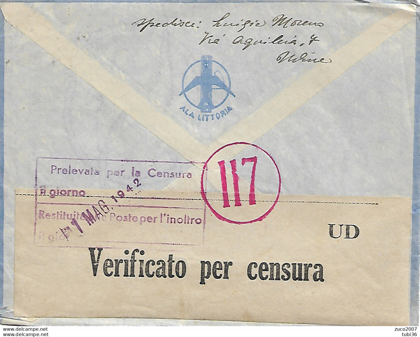 IMPERIALE Cent:50+50, VIA AEREA, VIA ALA VITTORIA,  POSTE UDINE,1942, P.M. 34 CIRENAICA, VERIFICATO PER CENSURA N.117 - Cirenaica