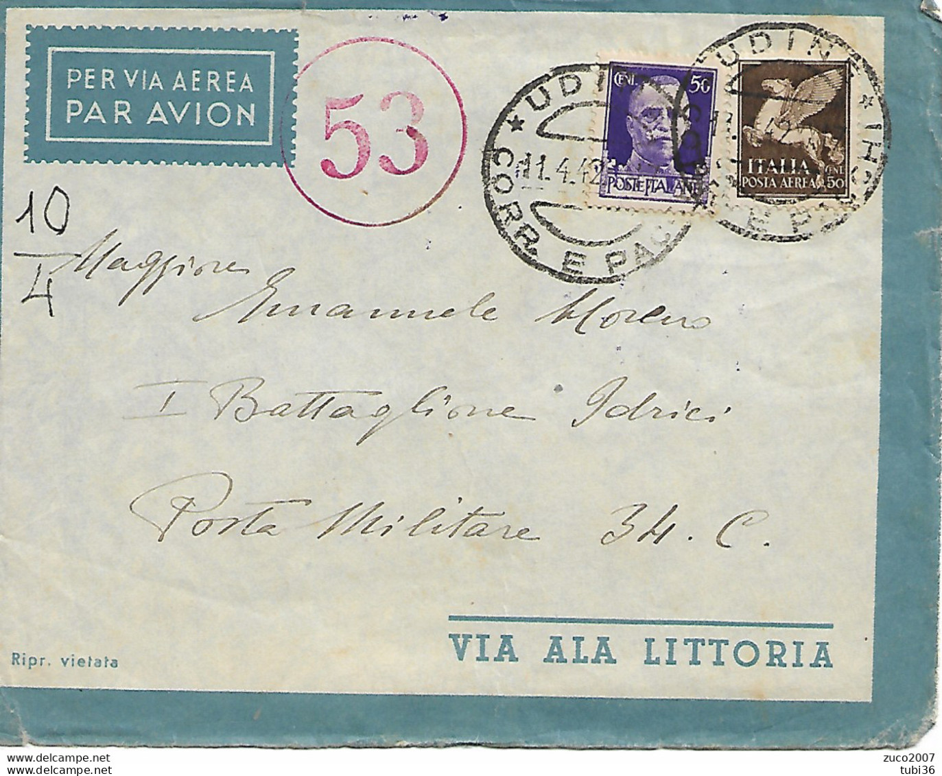 IMPERIALE Cent:50+50, VIA AEREA, VIA ALA VITTORIA,  POSTE UDINE,1942, P.M. 34 CIRENAICA, VERIFICATO PER CENSURA N.53 - Cirenaica