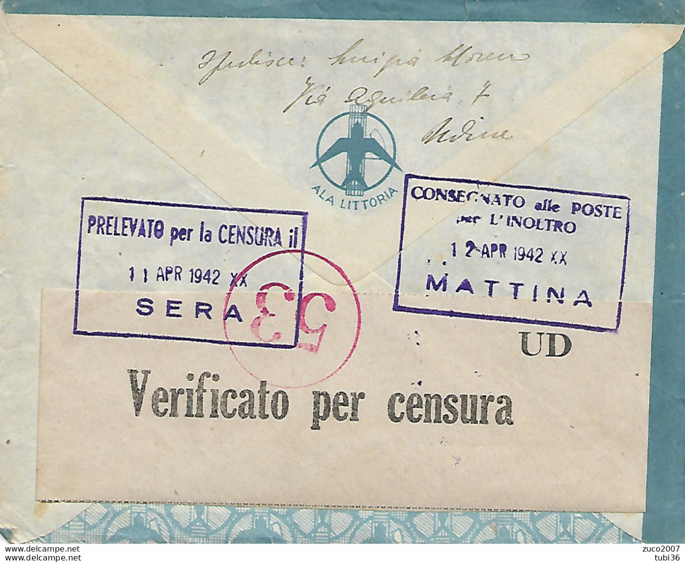 IMPERIALE Cent:50+50, VIA AEREA, VIA ALA VITTORIA,  POSTE UDINE,1942, P.M. 34 CIRENAICA, VERIFICATO PER CENSURA N.53 - Cirenaica