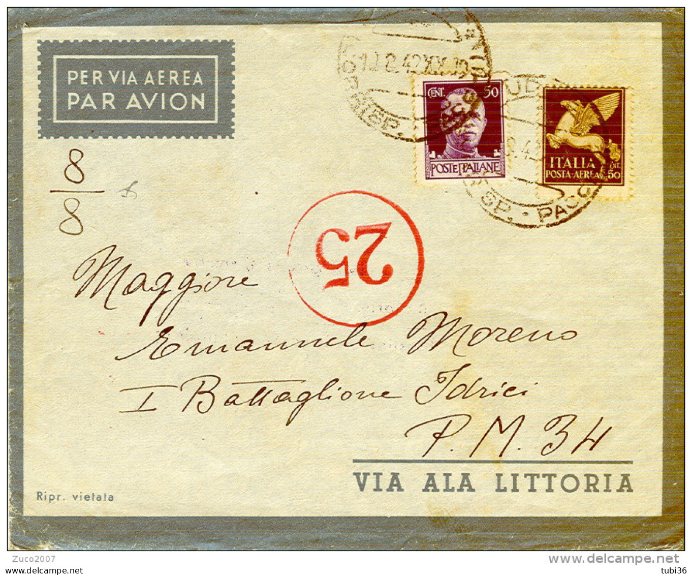 IMPERIALE Cent:50+50, VIA AEREA, VIA ALA VITTORIA,  POSTE UDINE,1942, P.M.  34 CIRENAICA, VERIFICATO PER CENSURA, - Cirenaica