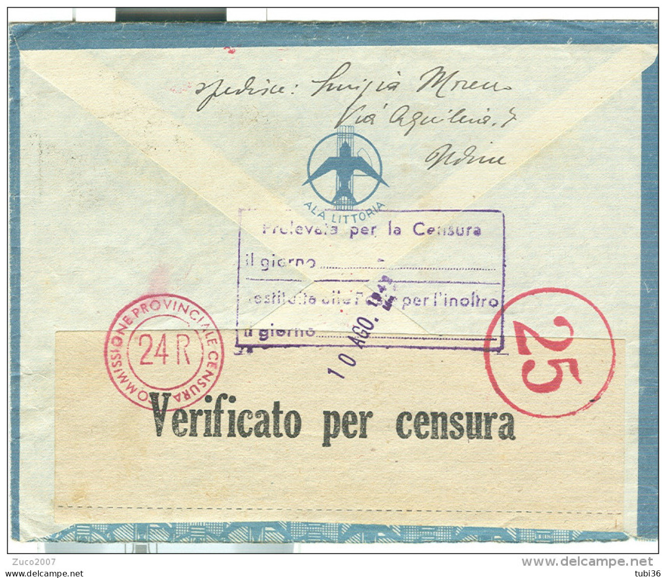 IMPERIALE Cent:50+50, VIA AEREA, VIA ALA VITTORIA,  POSTE UDINE,1942, P.M.  34 CIRENAICA, VERIFICATO PER CENSURA, - Cirenaica