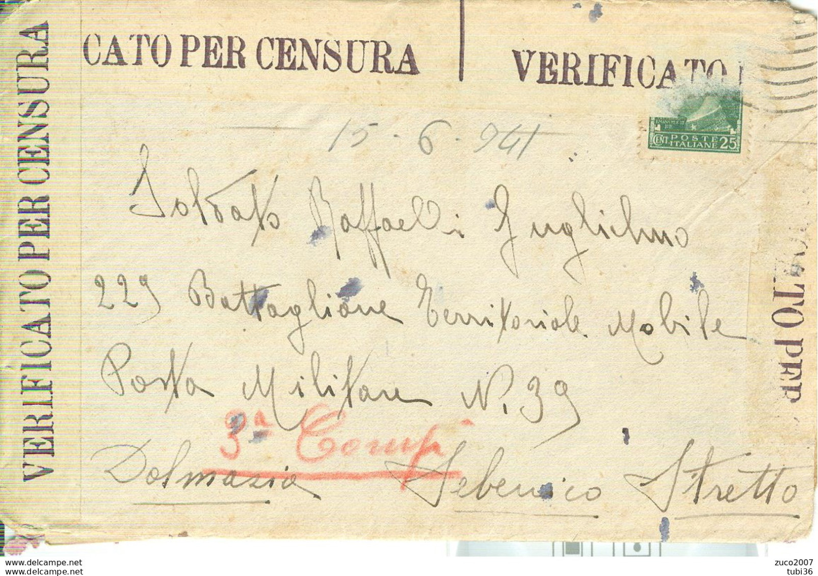 LETTERA PER P.M 39-MILITARE, SEBENICO-DALMAZIA - 1941 -CONTIENE LETTERA 4 FOGLI-CENSURA - Fiume & Kupa