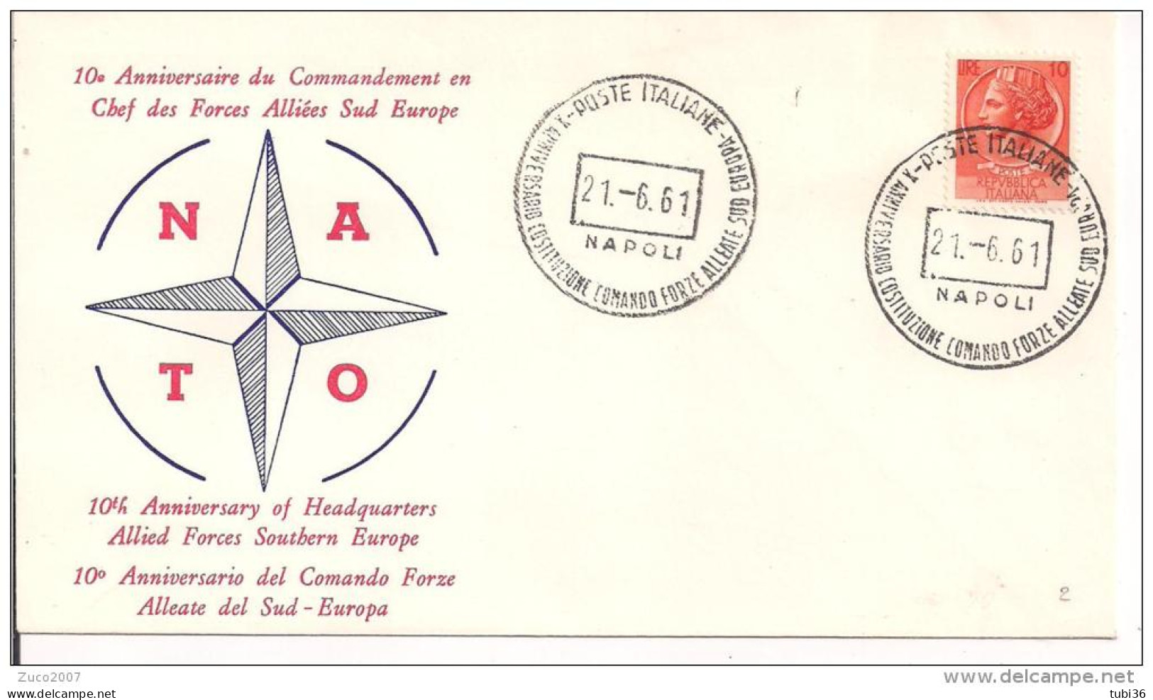 NATO, 10` ANNIVERSARIO  COMANDO  SUD EUROPA,NAPOLI 1961,  ANNULLO SPECIALE  SU BUSTA DEDICATA, - OTAN