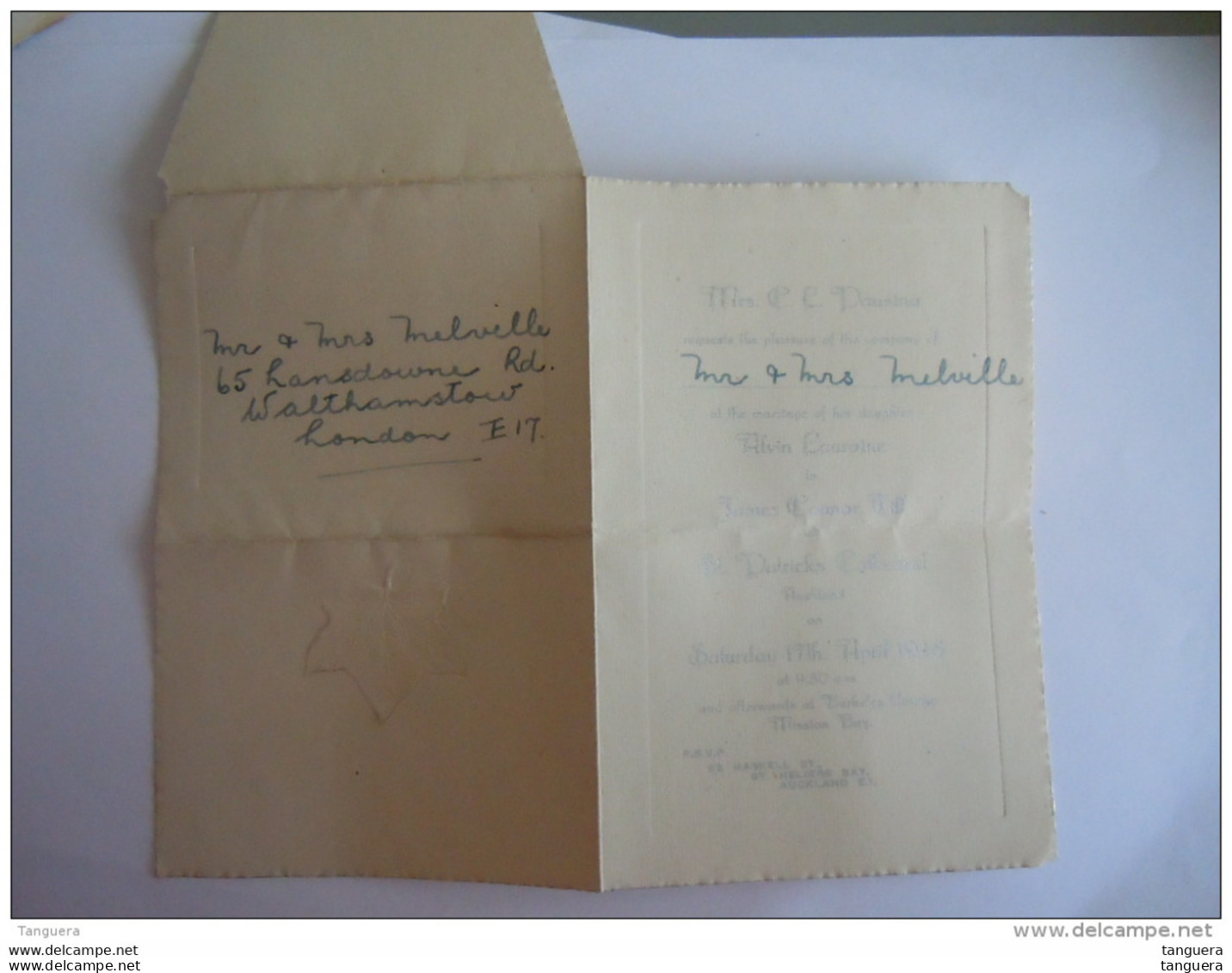 Wedding Invitation Faire Part Huwelijksaankondiging  1948 Alvin Pausina James Till Auckland Form 10 X 15 Cm - Boda