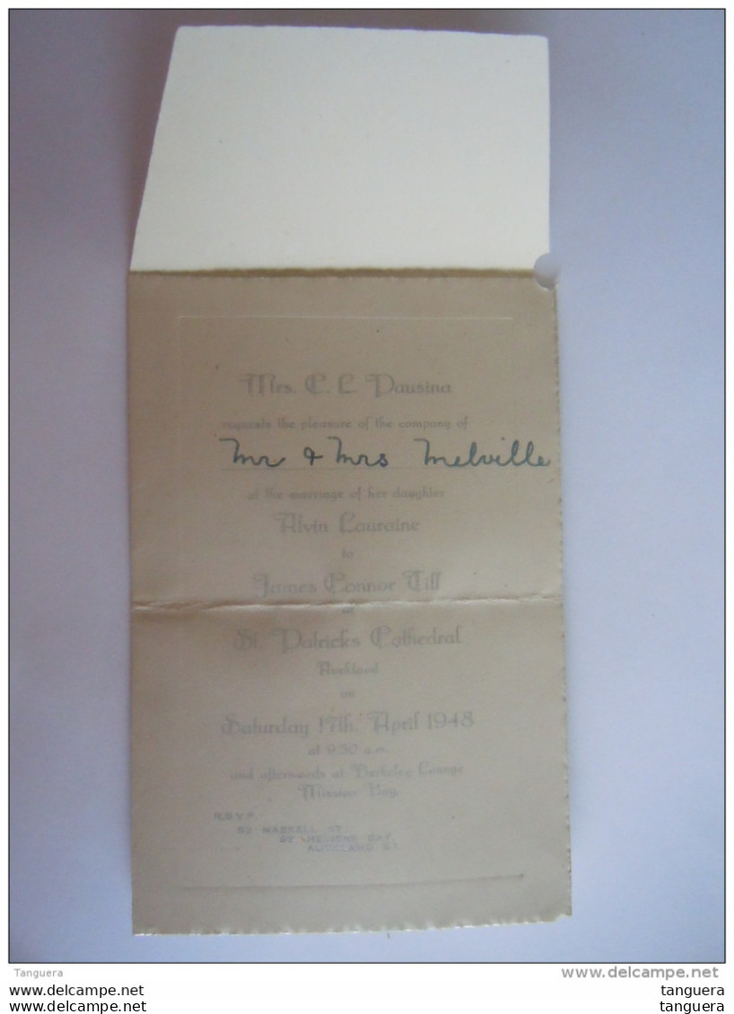 Wedding Invitation Faire Part Huwelijksaankondiging  1948 Alvin Pausina James Till Auckland Form 10 X 15 Cm - Boda