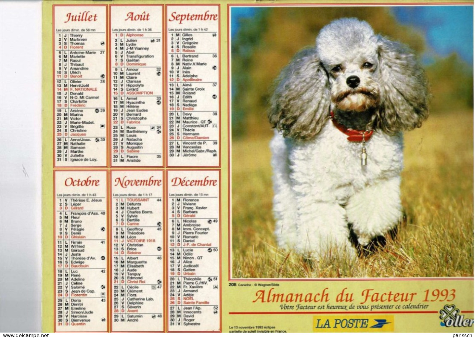 Calendrier Des Postes 1993 - Chiot Golden Retriever - Caniche - Fleurs - Grand Format : 1991-00