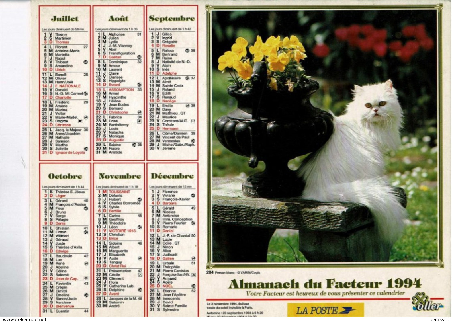 Calendrier Des Postes 1994 - Chiot Bobtail - Persan Blanc - Fleurs, Bruyères, Pensées, Coupe, Pierre - Grand Format : 1991-00