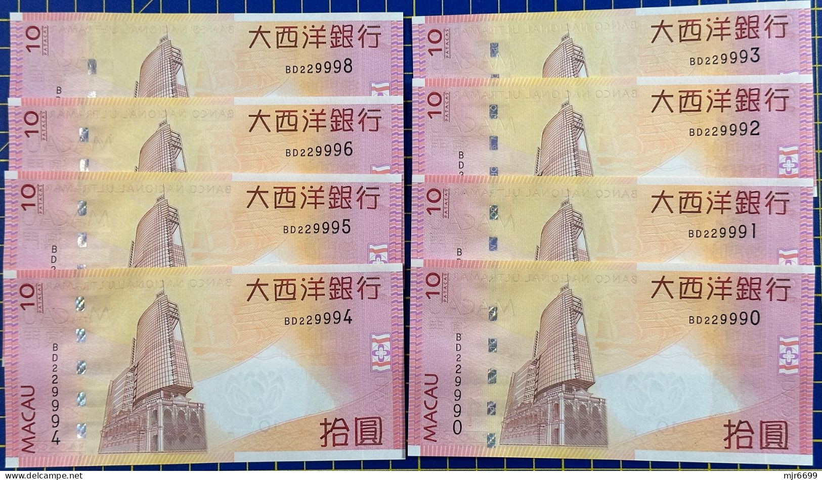 MACAU, MACAO - 2010 BANCO NACIONAL ULTRAMARINO 10 PATACAS UNC WITH "BD" PREFIX X 8 SHEETS WITH NICE NUMBERS - Macau