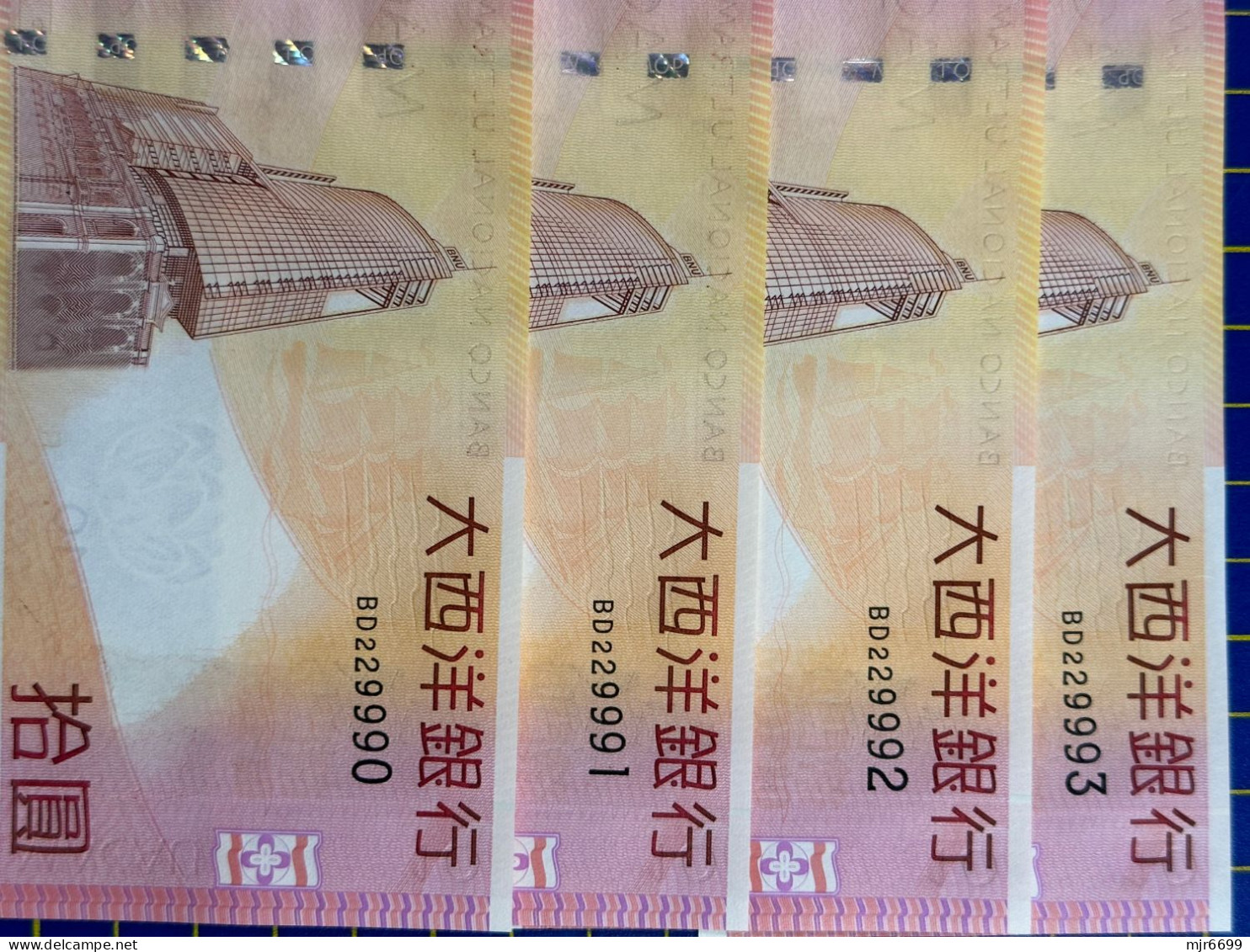 MACAU, MACAO - 2010 BANCO NACIONAL ULTRAMARINO 10 PATACAS UNC WITH "BD" PREFIX X 8 SHEETS WITH NICE NUMBERS - Macao