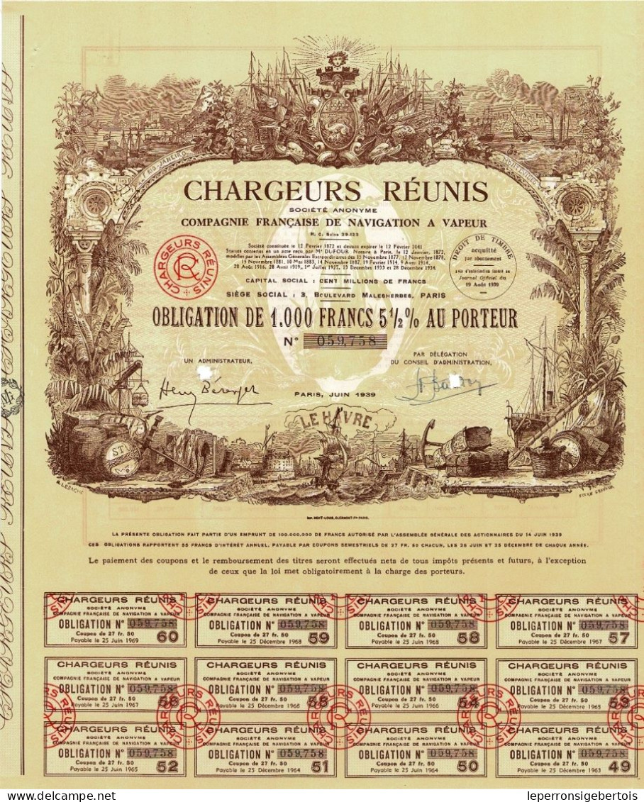 Obligation De 1939 - Chargeurs Réunis - Compagnie Française De Navigation à Vapeur - Déco - N°059.758 - Navegación