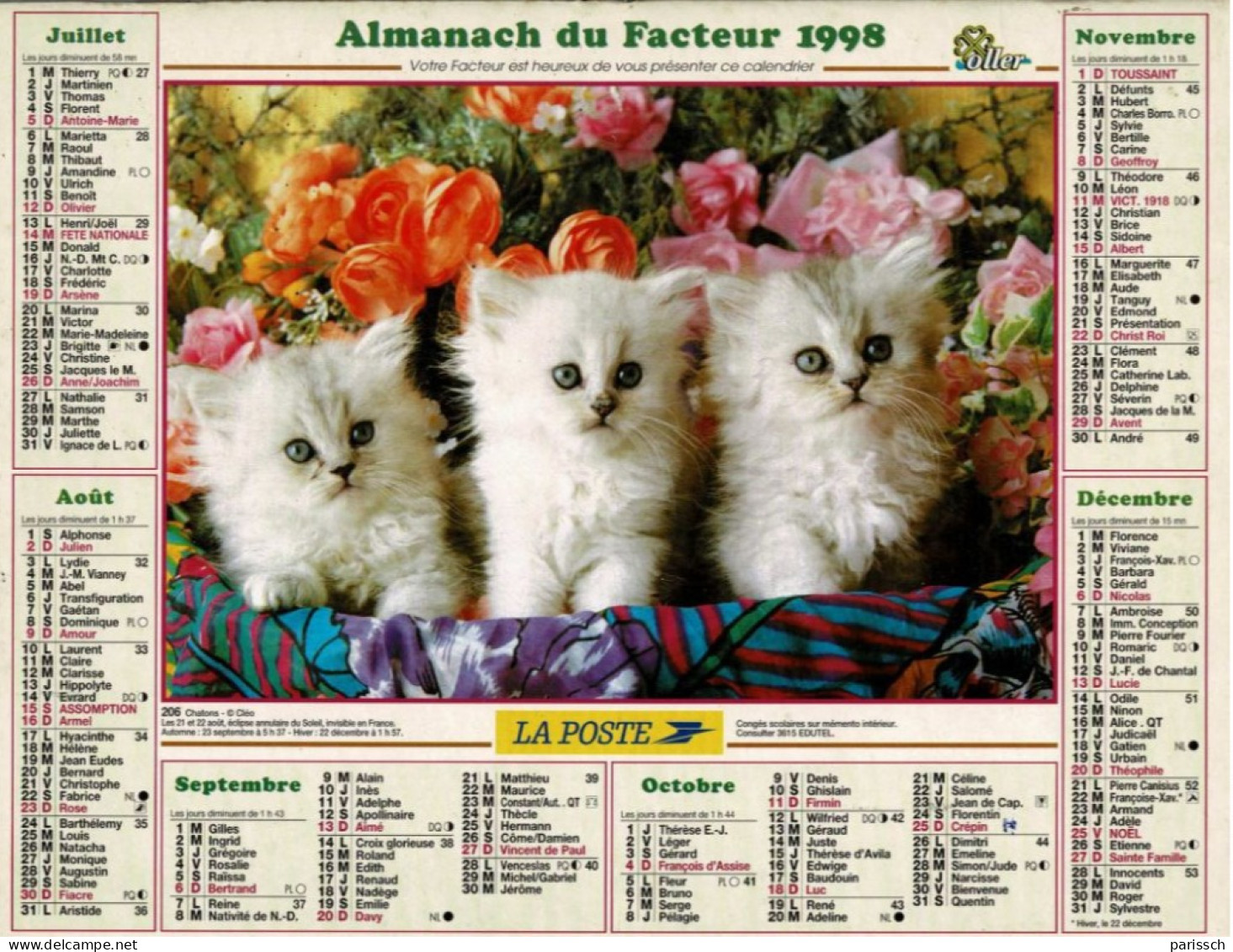 Calendrier Des Postes 1998 - Chiots Montagne Des Pyrénées - Chatons Blancs - Dahlias, Panier Osier, Roses - Grand Format : 1991-00