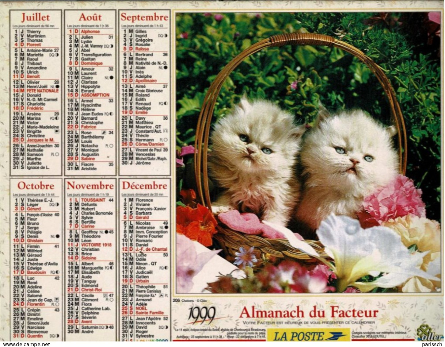 Calendrier Des Postes 1999 - Chiots King Charles - Chatons  - Panier Osier, Fleurs - Grossformat : 1991-00