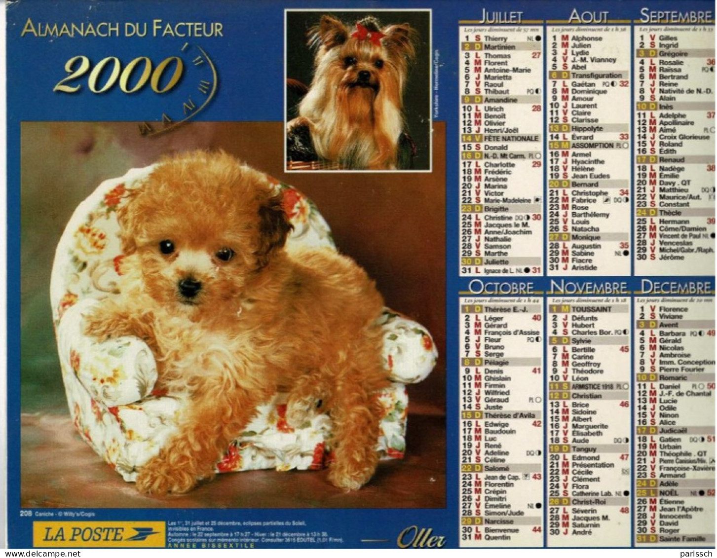 Calendrier Des Postes 2000 - Chiot Spitz Nain, Golden Retriever, Caniche, Yorkshire - Fauteuil, Panier, Osier Et Macramé - Formato Grande : 1991-00